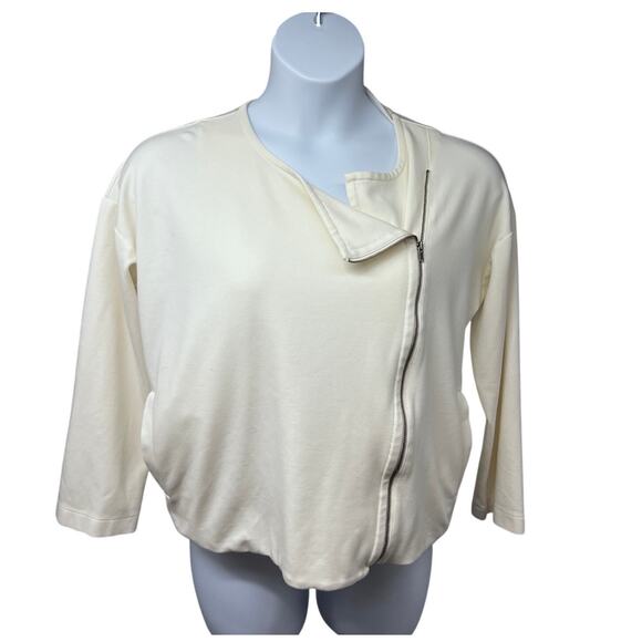 Eileen Fisher Flex Tencel Ponte Ivory Zip Up Jacket Shirt Top Medium Pockets - Picture 1 of 6